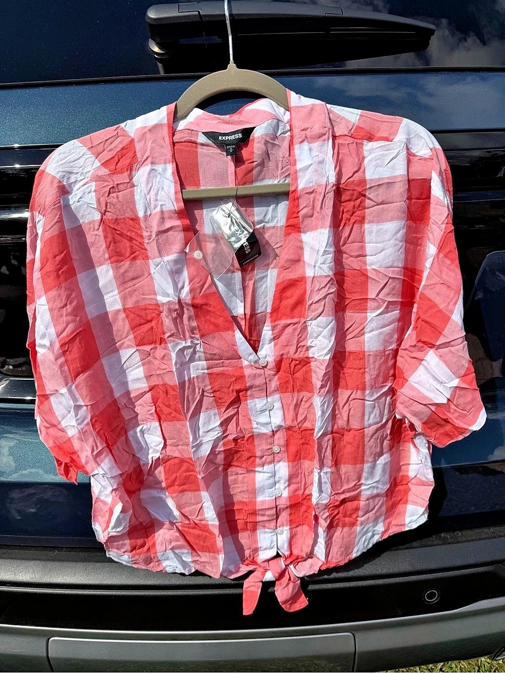 EXPRESS Plaid Tie-Front Shirt in Pink & White Size Medium NWT